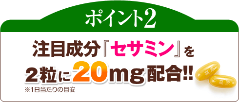 ポイント2 注目成分『セサミン』を2粒(※)に20mg配合!! ※1日当たりの目安
