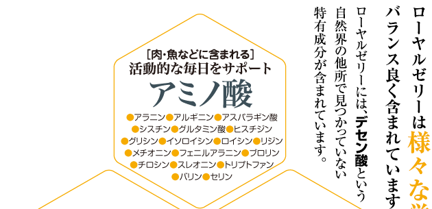 ローヤルゼリーは様々な栄養成分がバランス良く含まれています。ローヤルゼリーには、デセン酸という自然界の他所で見つかっていない有用成分が含まれています。