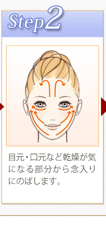 Step2　目元・口元など乾燥が気になる部分から念入りにのばします。