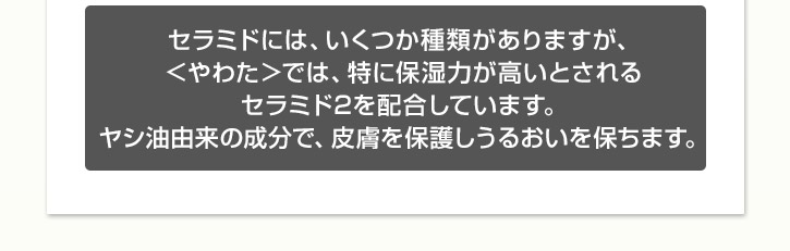 やわたでは特に保湿力が高いとされるヤシ油由来のセラミド２を配合しています。