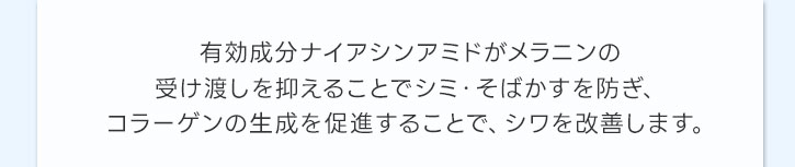 有効成分ナイアシンアミドがメラニンの受け渡しを抑えることでシミ・そばかすを防ぎ、コラーゲンの生成を促進することで、シワを改善します。