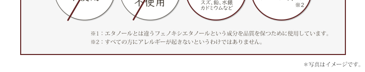 ※1 すべての方にアレルギーが起きないというわけではありません。※2 エタノールとは違うフェノキシエタノールという成分を品質を保つために使用しております。