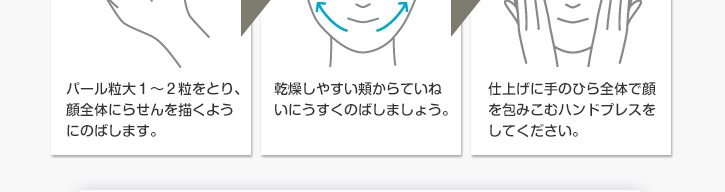 Step1 パール粒大1~2粒をとり、顔全体にらせんを描くようにのばします。Step2 乾燥しやすい頬からていねいにうすくのばしましょう。Step3 仕上げに手のひら全体で顔を包みこむハンドプレスをしてください。