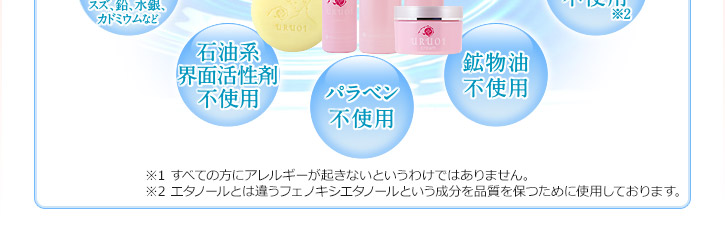 ※1　すべての方にアレルギーが起きないというわけではありません。※2　エタノールとは違うフェノキシエタノールという成分を品質を保つために使用しております。
