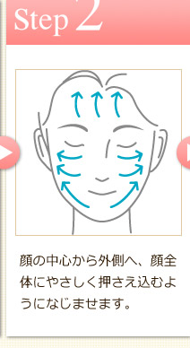 Step2　顔の中心から外側へ、顔全体にやさしく押さえ込むようになじませます。