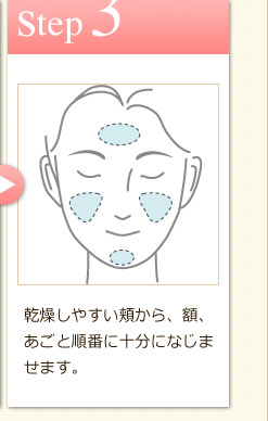 Step3　乾燥しやすい頬から、額、あごと順番に十分になじませます。