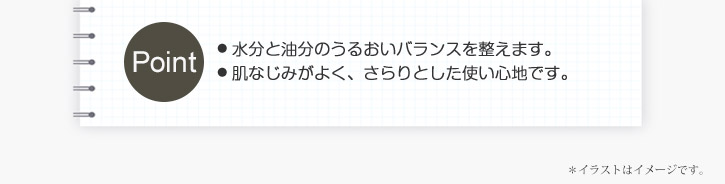 ポイント　水分と油分のうるおいバランスを整えます。肌なじみがよく、さらりとした使い心地です。