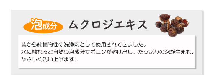 泡成分　ムクロジエキス　昔から純植物性の洗浄剤として使用されてきました。水に触れると自然の泡成分サポニンが溶け出したっぷりの泡が生まれ、やさしく洗い上げます。　水をいれ、かき混ぜるとモコモコの泡が！