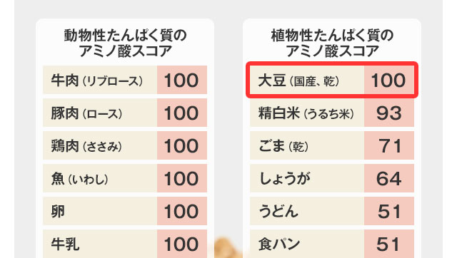 大豆たんぱく質は、アミノ酸スコアが100