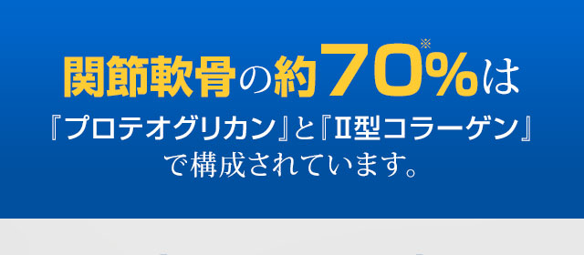 関節軟骨の約70%は「プロテオグリカン」「Ⅱ型コラーゲン」で構成されています。