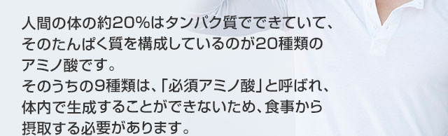 必須アミノ酸は体内で生成できないため、食事から摂取する必要があります。