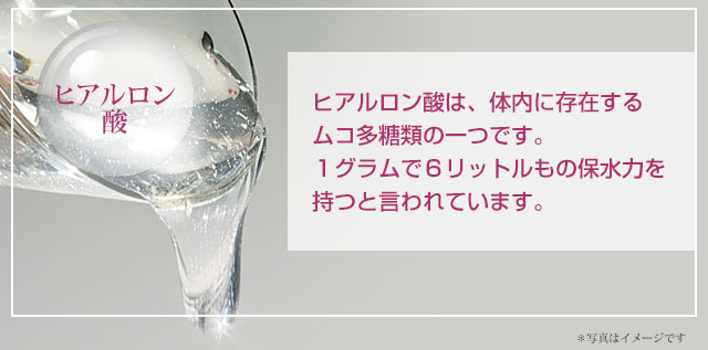 「ヒアルロン酸」体内に存在するムコ多糖類の一つです。1グラムで6リットルもの保水力を持つと言われています。