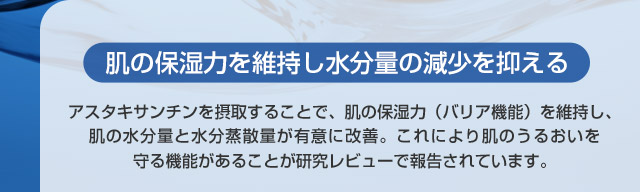 アスタキサンチンには、肌の保湿力（バリア機能）を維持することにより肌のうるおいを守る機能があることが報告されています。