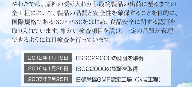やわたでは、原料の受け入れから最終製品の出荷に至るまでの全工程において、製品の品質と安全性を確保することを目的に、国際規格であるISO・FSSCをはじめ、食品安全に関する認証を取り入れています。細かい検査項目を設け、一定の品質が管理できるように毎日検査を行っています。FSSC22000、ISO22000、日健栄協GMP