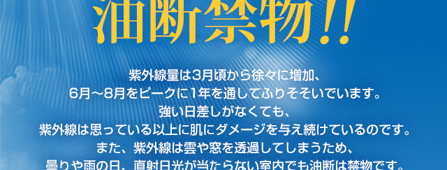 油断禁物　紫外線量は、３月から徐々に増加 ６月～８月をピークに１年を通して降り注いでいます。強い日差しがなくても、紫外線は思っている以上に肌にダメージを与え続けているのです。また、紫外線は雲や窓を透過してしまうため、曇りや雨の日、直射日光が当たらない室内でも油断は禁物です。